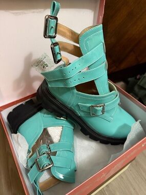 Kids Teal Patent Strap Boots - Youth Fashion Shoes